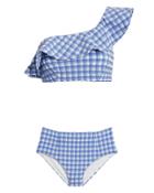 Ganni Jewett One Shoulder Bikini Blue/white 34