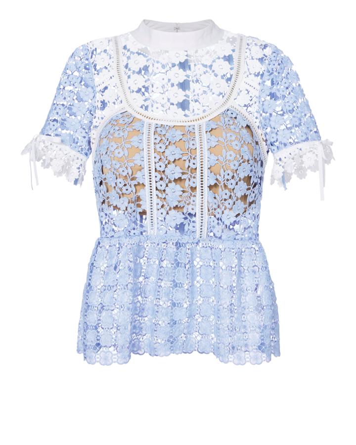 Self-portrait Petal Paneled Lace Top Blue 2