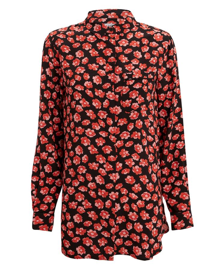 Ganni Printed Fiery Red Crepe Button Down Blouse Black/red 40