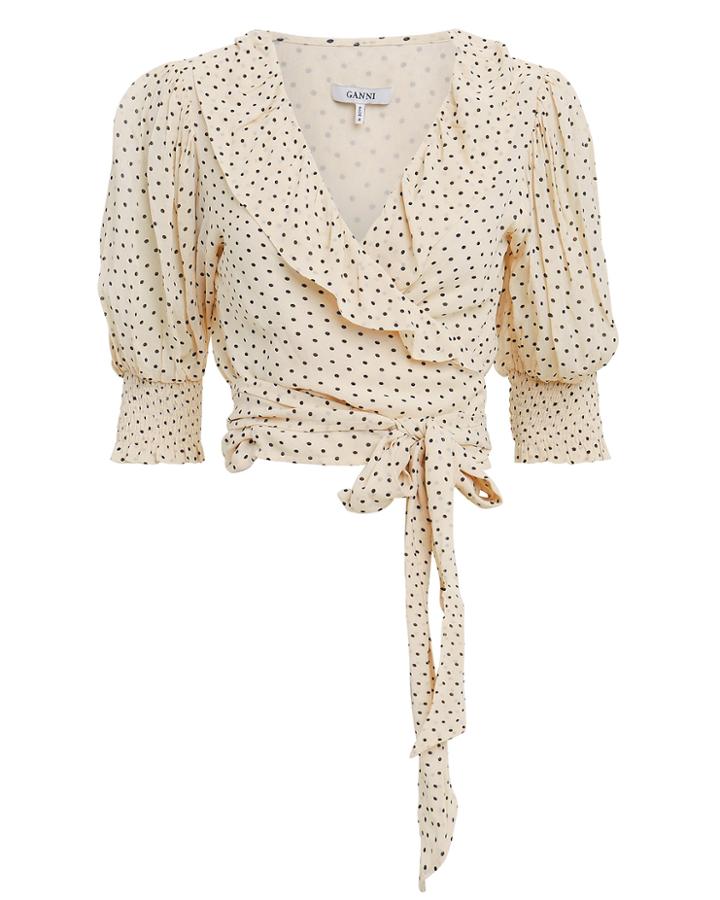 Ganni Printed Georgette Wrap Ivory Top Ivory/black Polka Dot 38