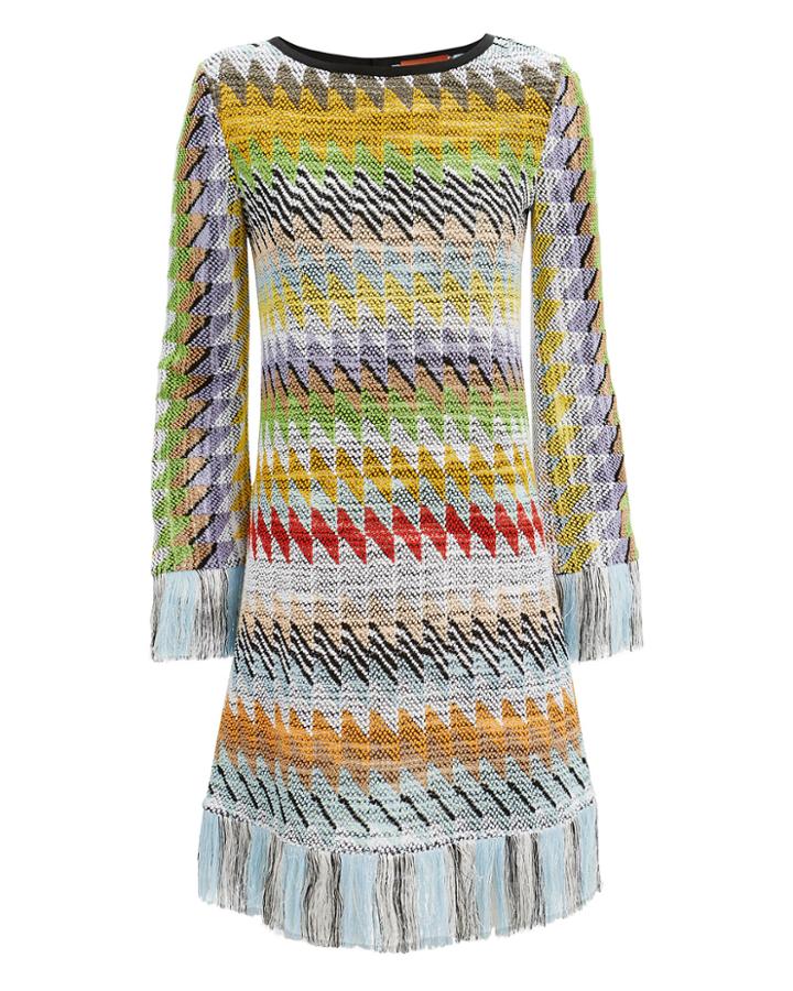 Missoni Usa Fringed Zig Zag Print Dress White/green/yellow 44