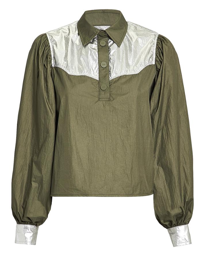 Ganni Mica Colorblocked Tech Top Olive/silver 36