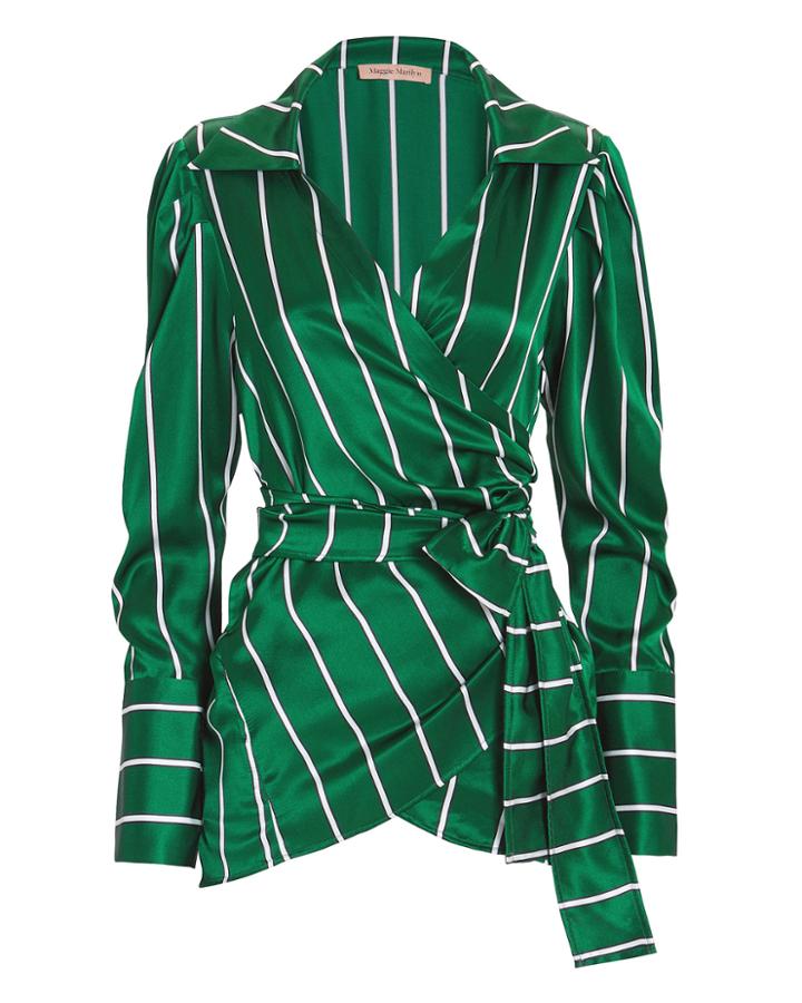 Maggie Marilyn Wrap It Up Jade Stripe Silk Top Green 8
