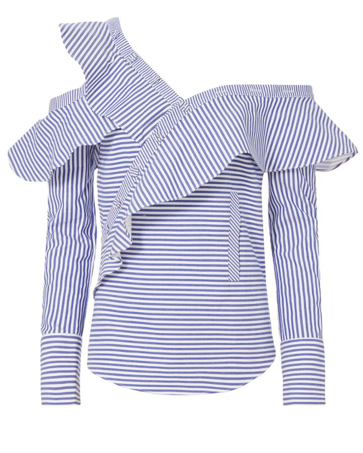Self-portrait Pinstriped Poplin Asymmetrical Ruffle Shirt Pattern Zero