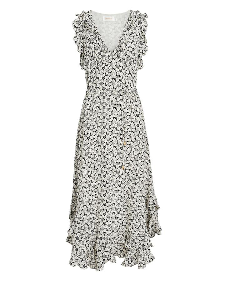 Zimmermann Ruffle Floral Midi Dress Black/white 1