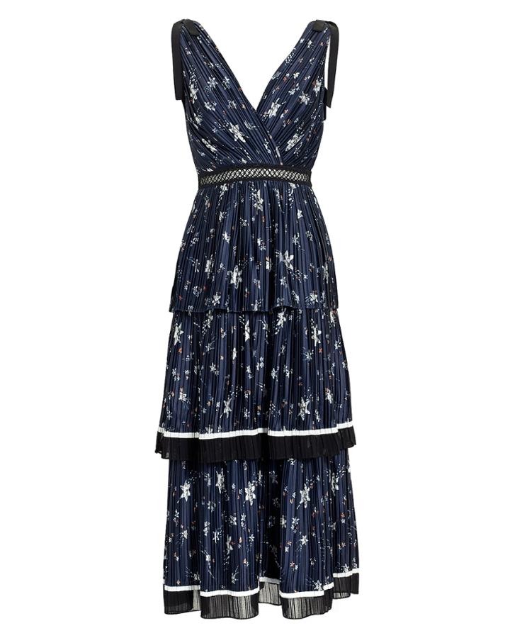 Self-portrait Star Print Tiered Midi Dress Navy Zero