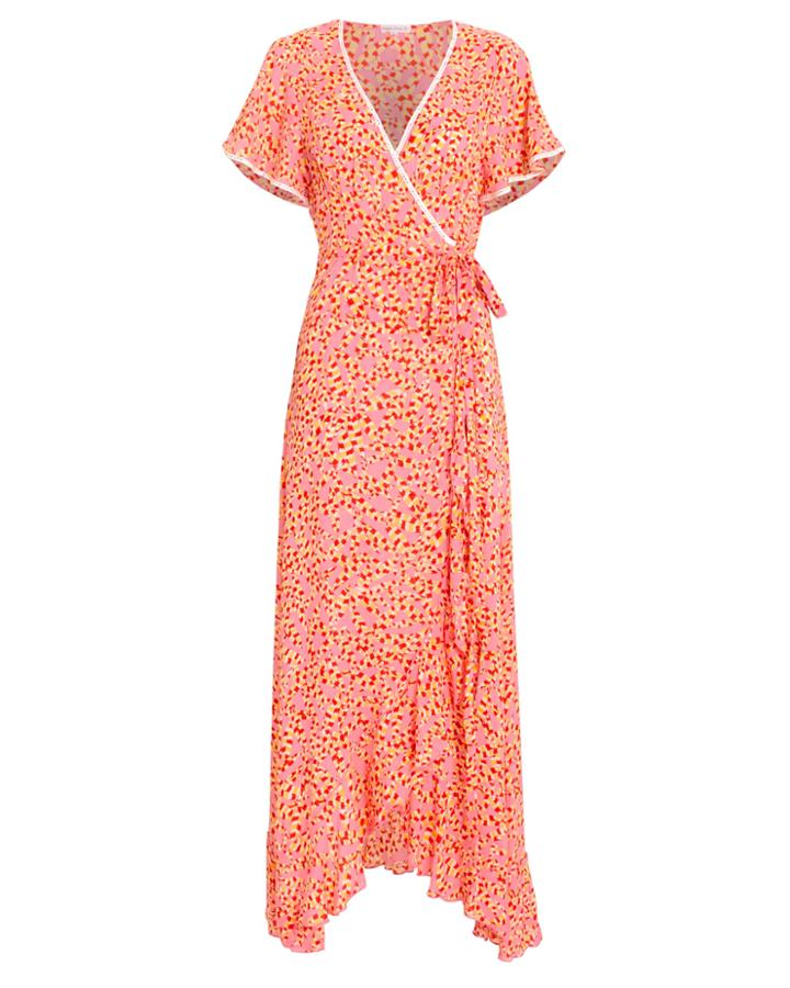 Poupette St Barths Poupette St Barth Joe Ruffled Wrap Short Sleeve Dress Peach/print M