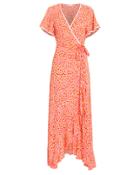 Poupette St Barths Poupette St Barth Joe Ruffled Wrap Short Sleeve Dress Peach/print M