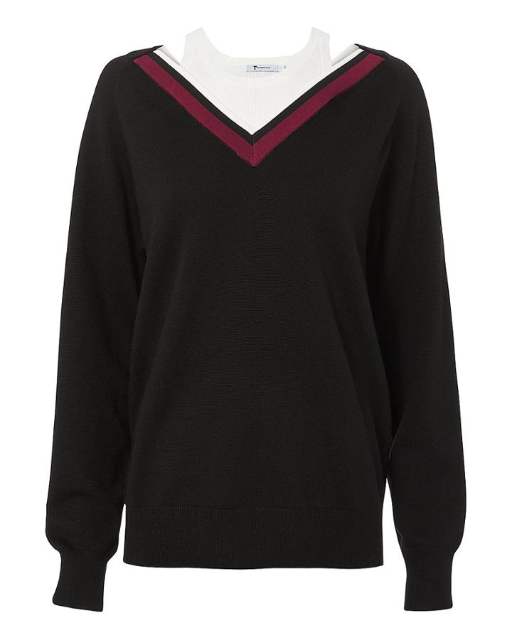 T By Alexander Wang Varsity Trim V-neck Sweater Black P