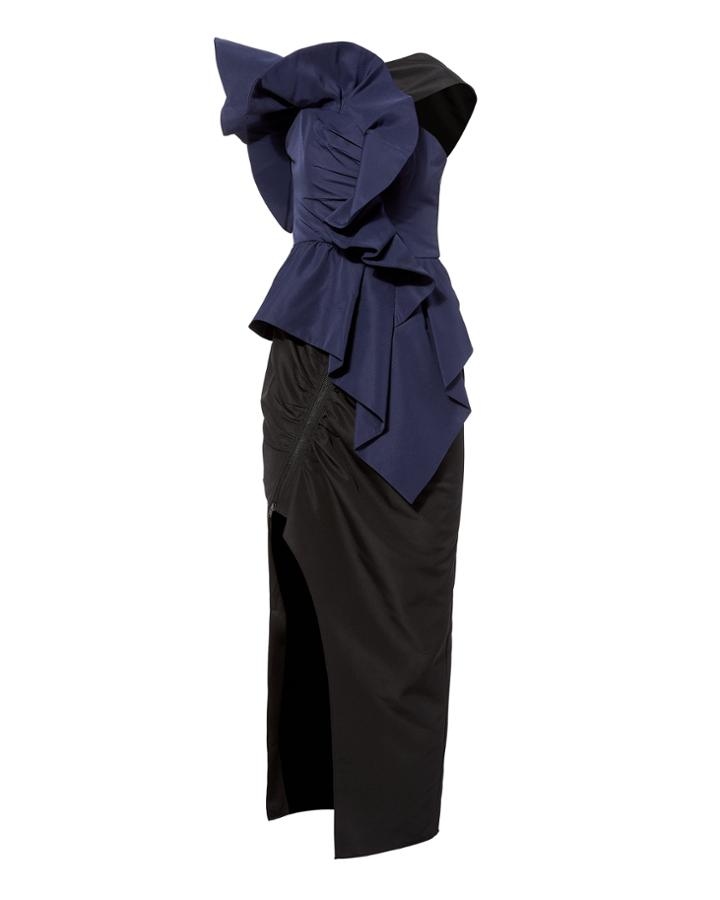 Self-portrait Asymmetric Ruffle Midi Dress Navy Zero