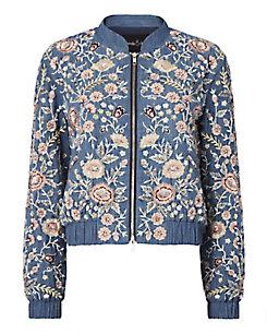 Needle & Thread Needle &amp; Thread Sundaze Embroidered Denim Bomber Jacket