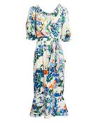 Saloni London Saloni Olivia Ivory Floral Midi Dress Ivory/blue Floral Zero