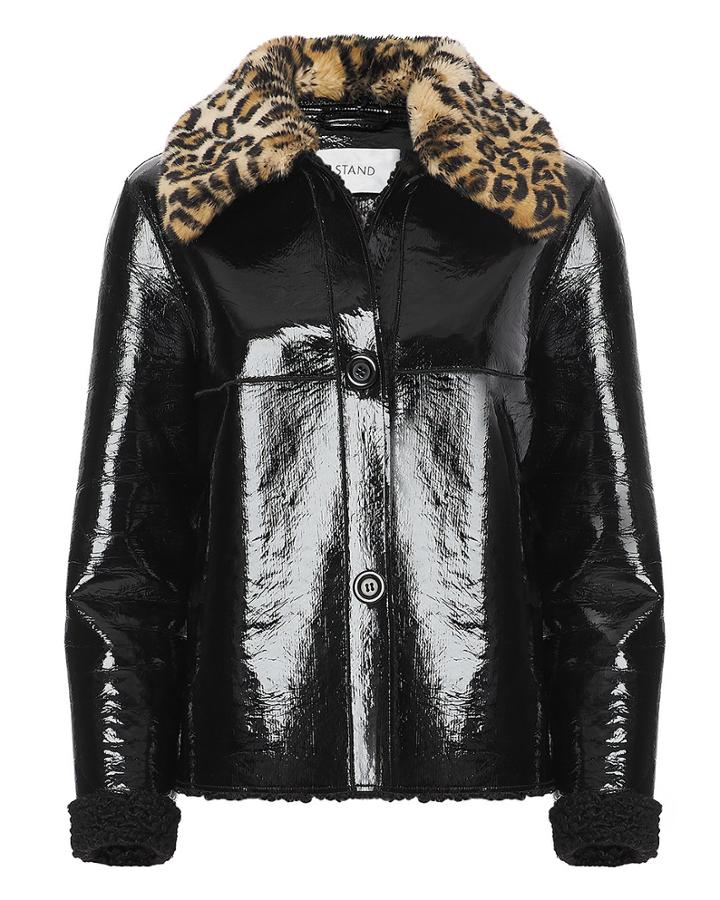 Stand Josephine Faux Fur Collar Patent Coat Black 34