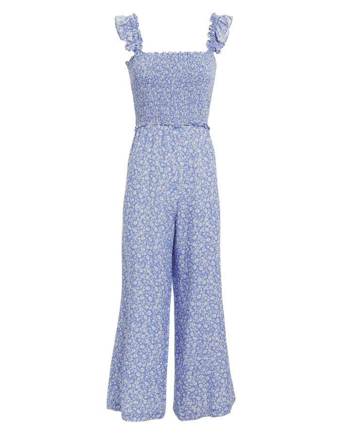 Exclusive For Intermix Intermix Faye Smocked Floral Jumpsuit Blue/white/floral Zero