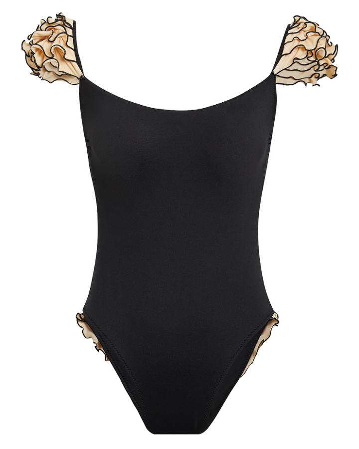 Shadi Ruffle Shoulder Black One Piece Swimsuit Black/tan S