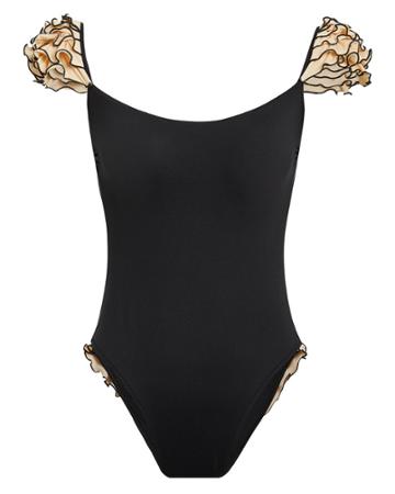 Shadi Ruffle Shoulder Black One Piece Swimsuit Black/tan S