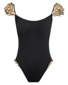 Shadi Ruffle Shoulder Black One Piece Swimsuit Black/tan S