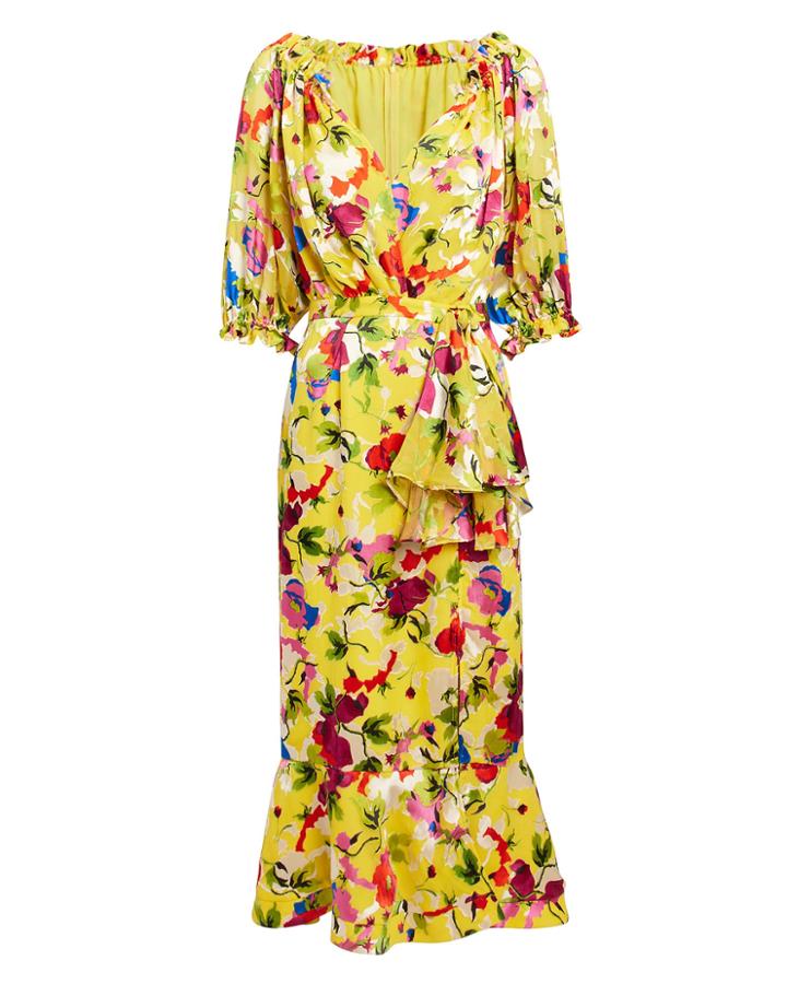 Saloni London Saloni Olivia Chartreuse Floral Midi Dress Chartreuse Floral Zero