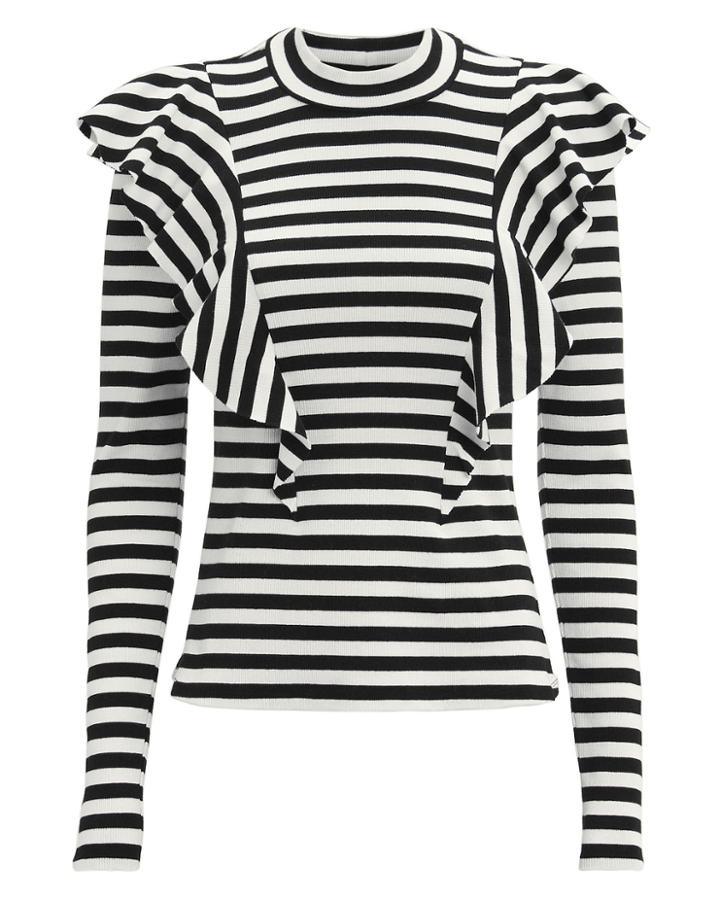 Veronica Beard Dawson Striped Ruffle Knit Top Black/white M