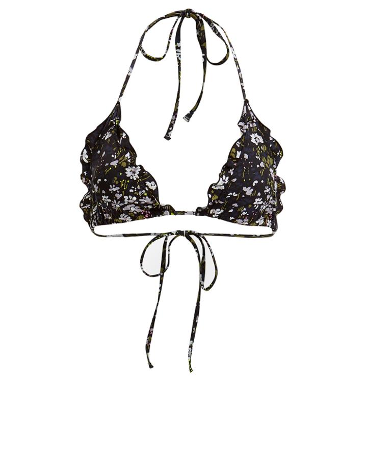 Ganni Black Floral Ruffle Bikini Top Black 34