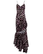 Caroline Constas Silk Asymmetrical Ruched Floral Dress Black/floral P
