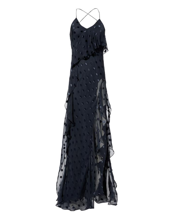 Michelle Mason Polka Dot Ruffle Gown Navy 2