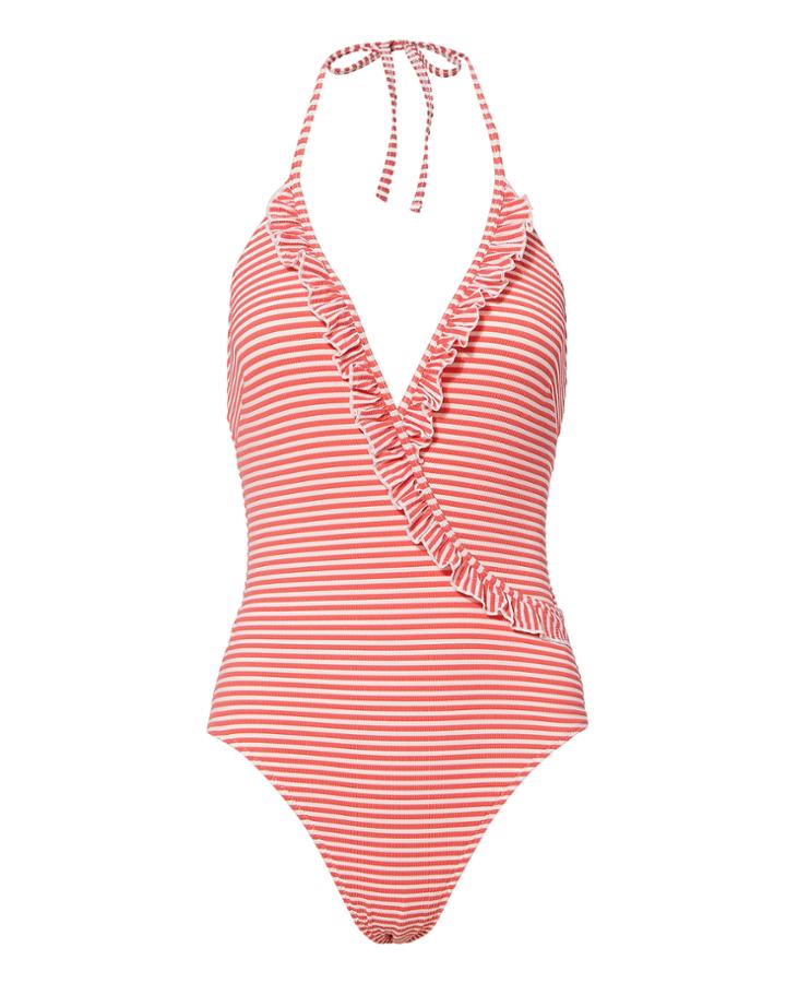 Solid & Striped Nadine Seersucker One Piece Swimsuit Red M