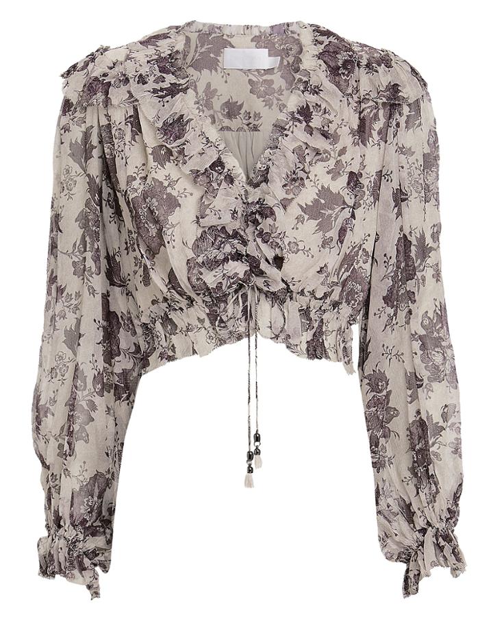Zimmermann Juno Tie Ruffle Blouse Greige/dark Floral 2