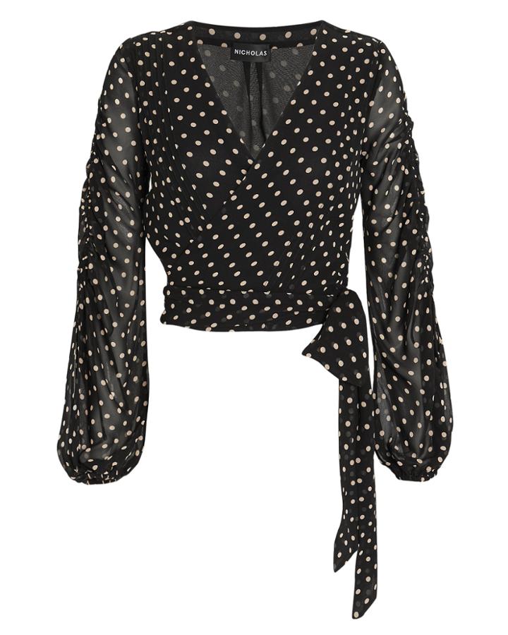 Nicholas Polka Dot Wrap Top Black/beige 4