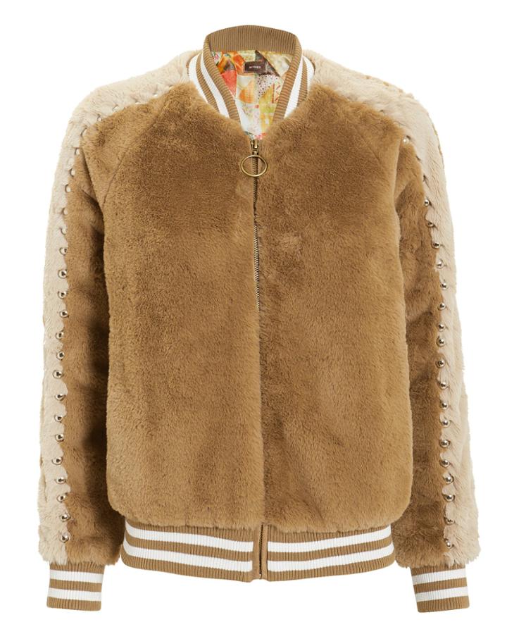 Mother Letterman Faux Fur Jacket Tan P