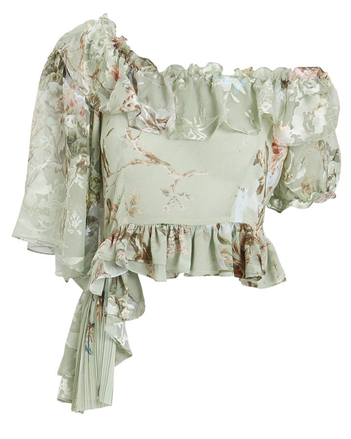 Preen By Thornton Bregazzi Ruffle Collar Asymmetrical Floral Blouse Green/floral M
