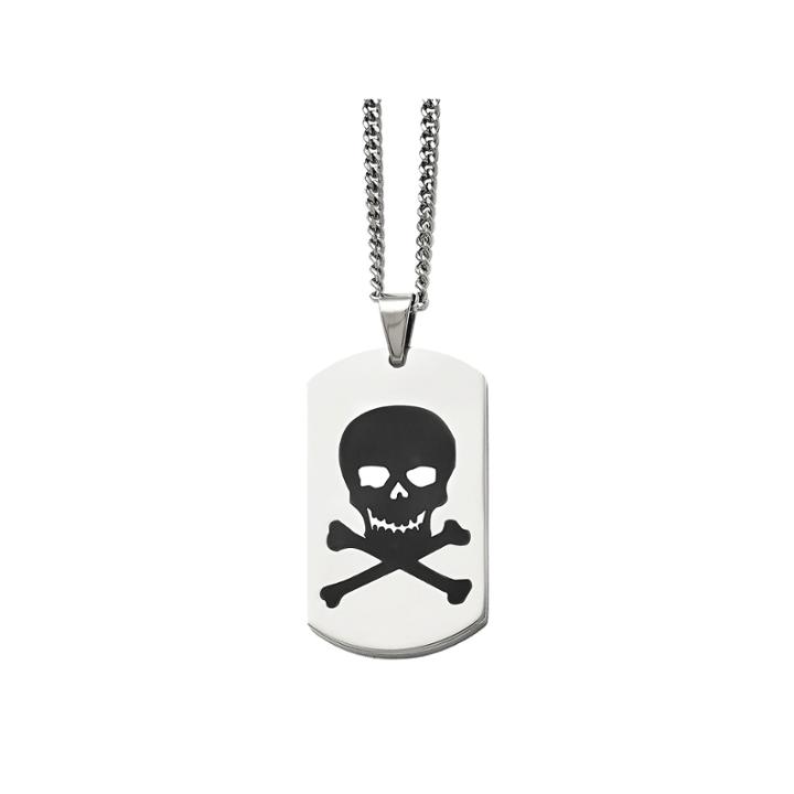Mens Stainless Steel Black Enamel Skull Dog Tag Pendant