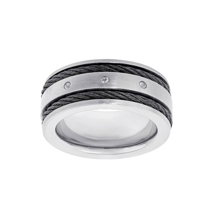 Mens Cubic Zirconia Titanium Band With Black Cable Inlay
