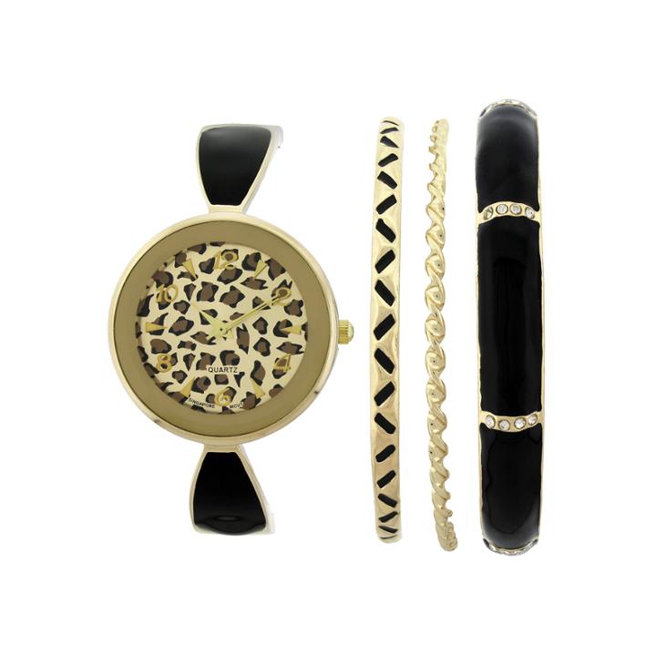 Womens Leopard-look Dial Black Bangle Watch And Bracelet Set