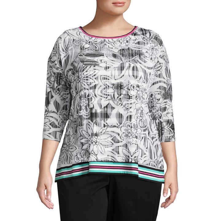 Lark Lane Tropical Twist Flower Pop Overlay Top- Plus