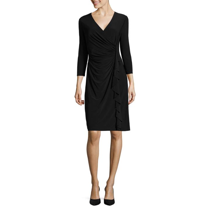 Black Label By Evan-picone 3/4 Sleeve Ruffle Sheath