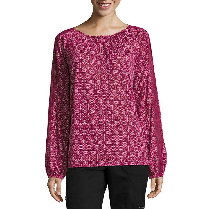 St. John's Bay Long Sleeve Round Neck Slubbed Lace Blouse