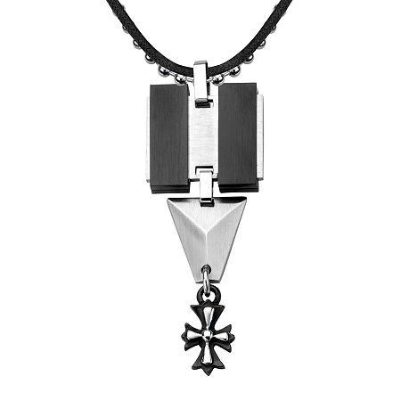 Inox Jewelry Mens Black Leather, Stainless Steel And Black Ip Cross Pendant