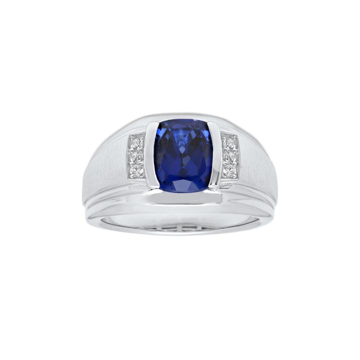 Mens Sterling Silver Lab Created Cushion Cut Blue Sapphire Ring