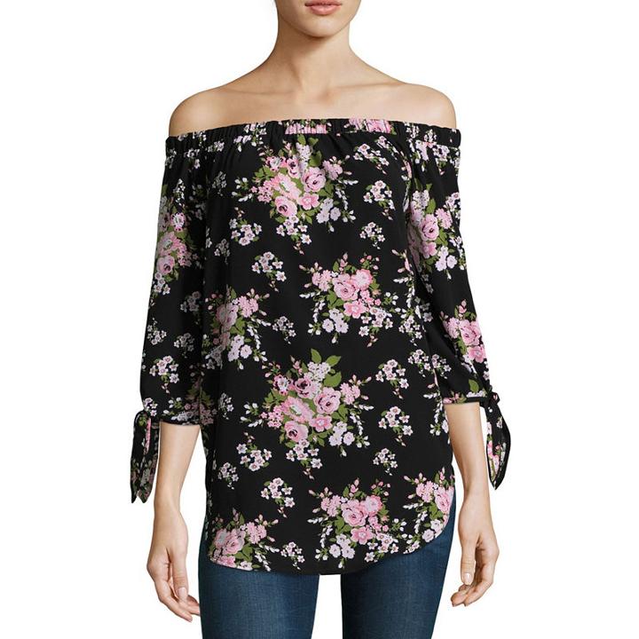Miss Chievous 3/4 Sleeve Straight Neck Woven Blouse-juniors
