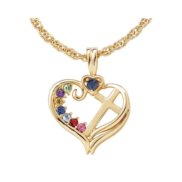 Personalized Mom Birthstone Cross Within Heart Pendant Necklace