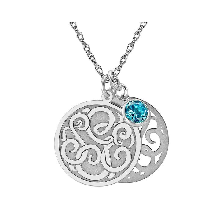Personalized Cubic Zirconia Birthstone Sterling Silver 20mm Monogram Pendant Necklace