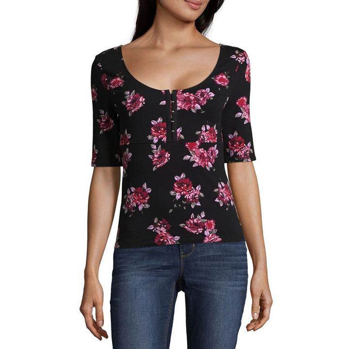 Arizona Elbow Sleeve Henley Neck T-shirt-womens Juniors