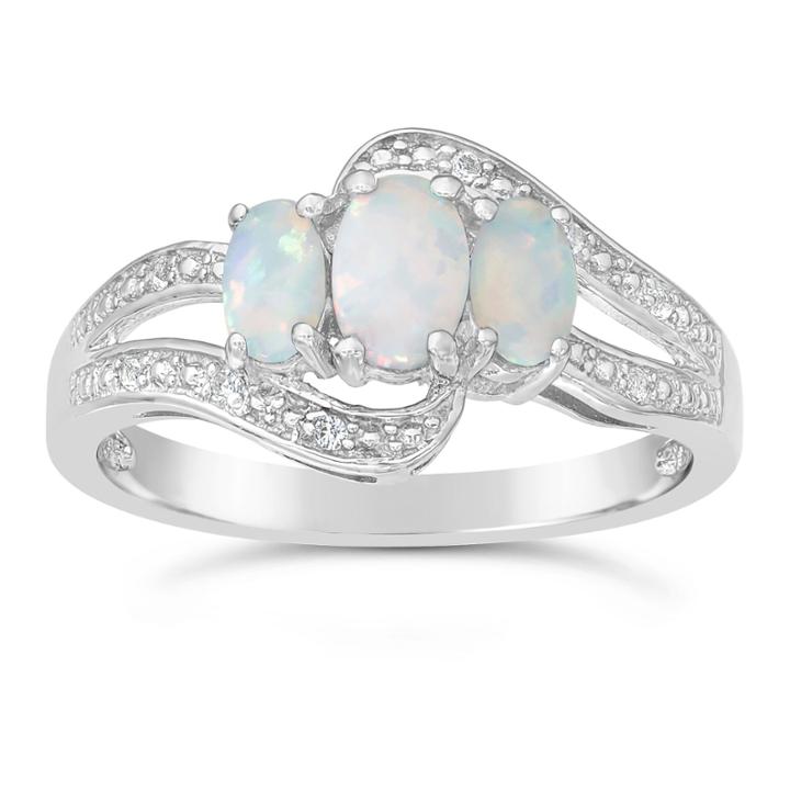 Womens Lab Created White Opal Sterling Silver 3-stone Ring