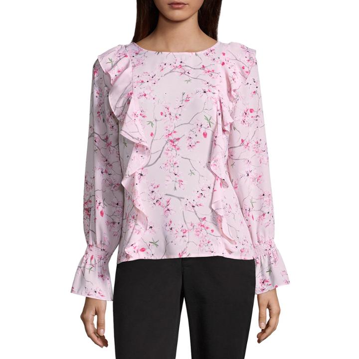 Liz Claiborne Smocked Sleeve Ruffle Floral Blouse