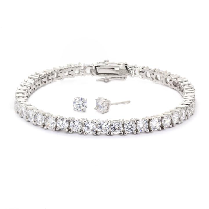 Sparkle Allure Cubic Zirconia Round Stone Silver Tennis Bracelet With Earrings