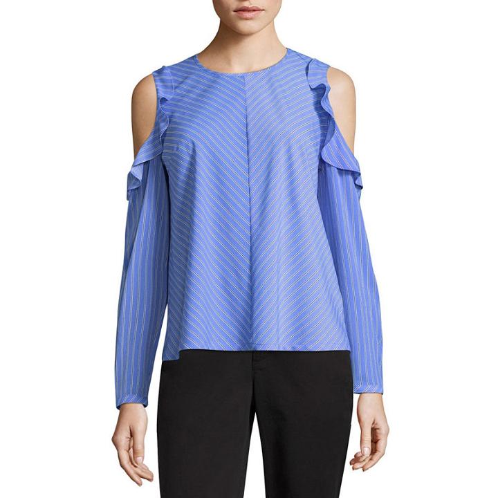 Liz Claiborne Long Sleeve Crew Neck Woven Stripe Blouse