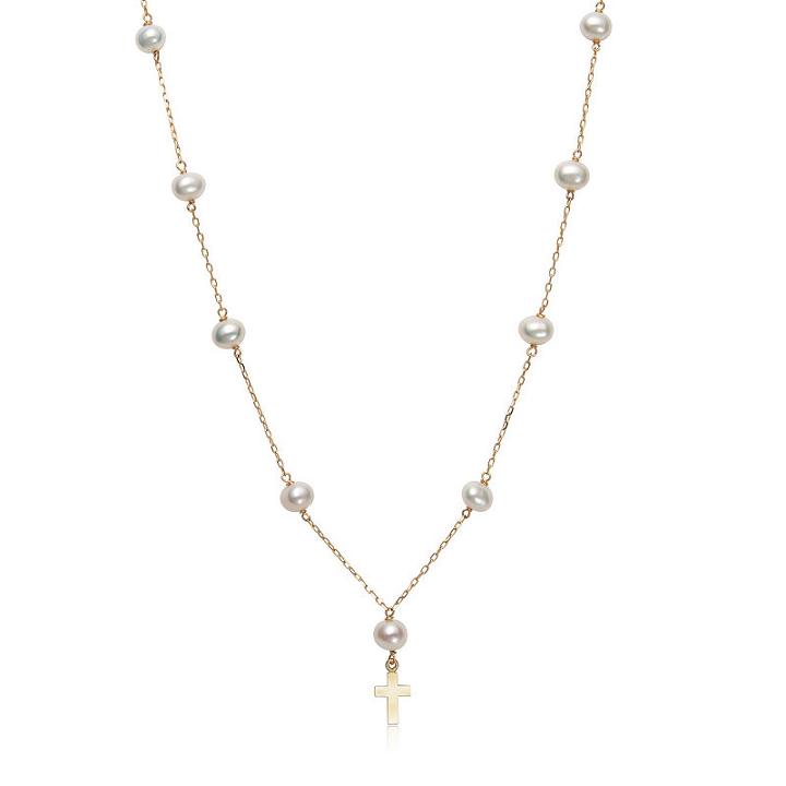 Womens White Cultured Freshwater Pearls 14k Gold Cross Pendant Necklace