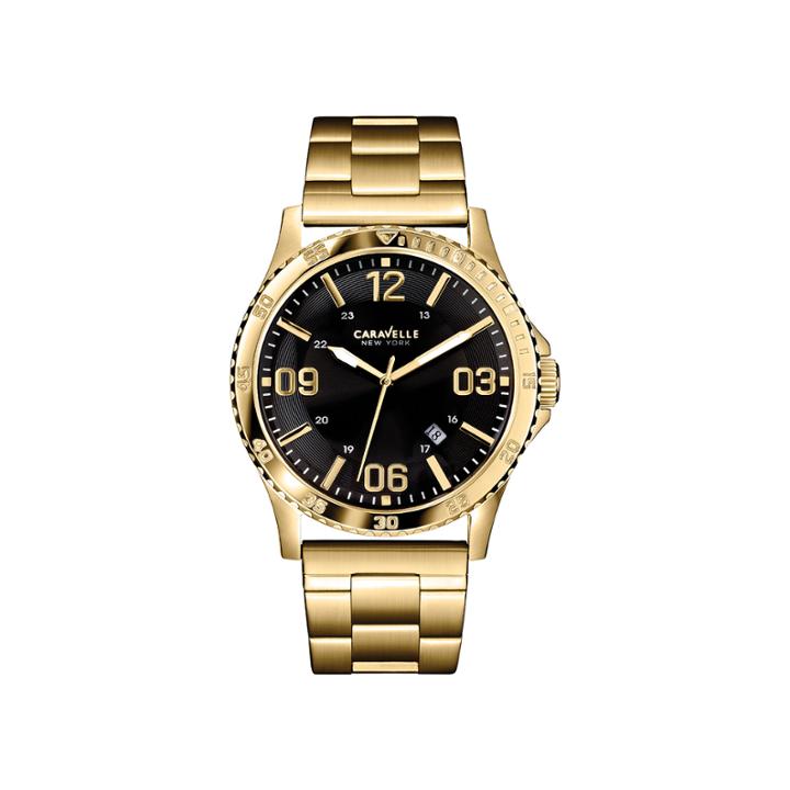 Caravelle New York Mens Black Round Dial & Gold-tone Bracelet Watch 44b104