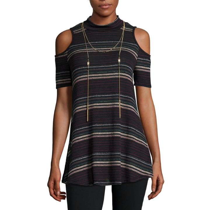 By & By Short-sleeve Cold-shoulder Multi-stripe Top With Necklace - Juniors